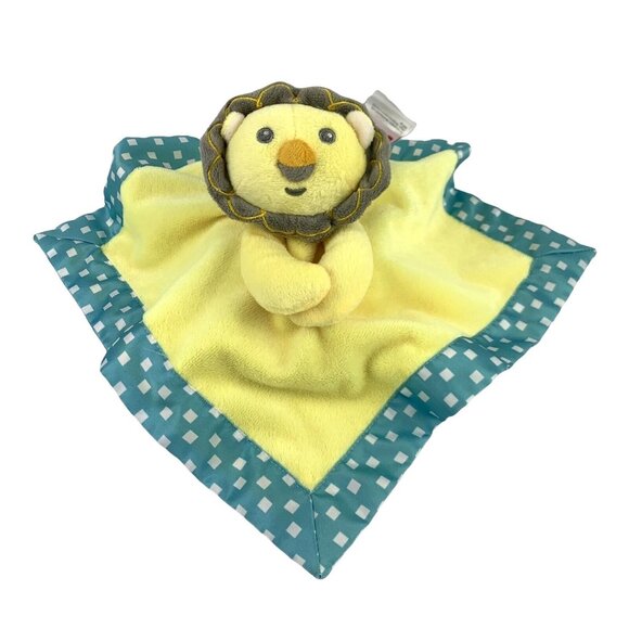 Fisher Price Lovey Security Blanket Plush Lion Yellow Blue Checks Square 12” - Picture 1 of 8